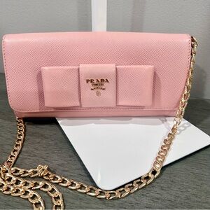 Prada Pink Saffiano Bow Waller and chain